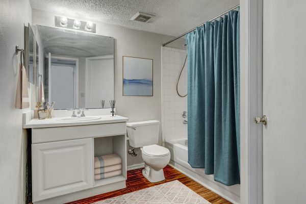 Bathroom with hardwood-style floors, a vanity, toilet, and shower bath.